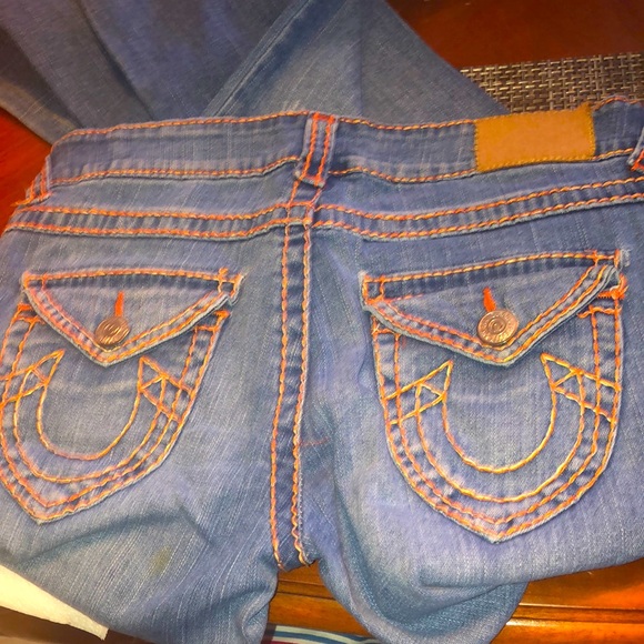 Prwnd True Religion orange stitches boot cut jeans sz30 x29 in fair  conditions - Picture 2 of 10